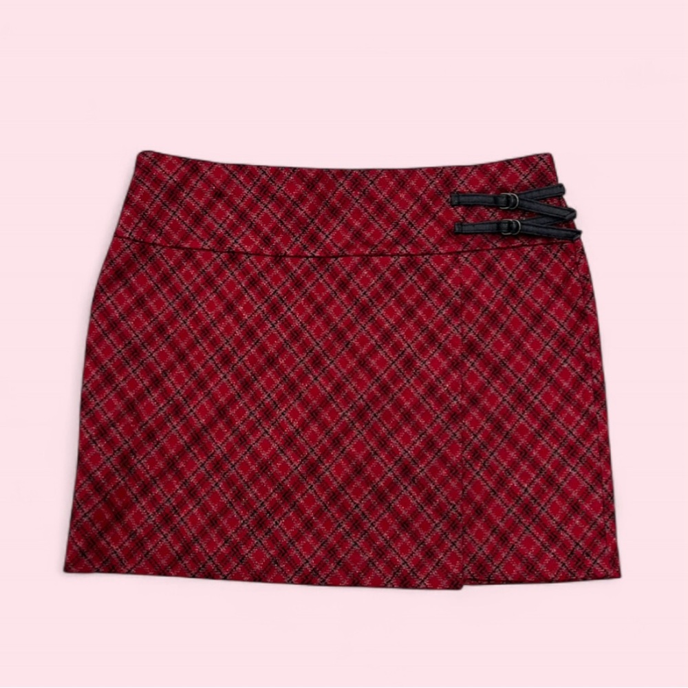 Express Y2K Red Plaid Mini Skirt with Black Buckle Accents